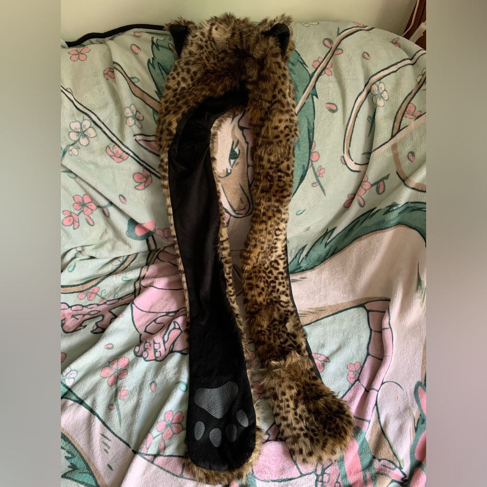 Cheetah print furry hat with paws